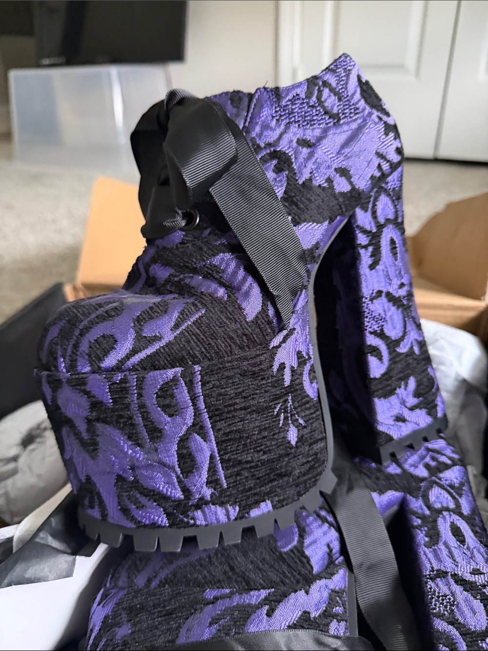 Dolls Kill Purple and Black Brocade Platform Ankle Heels with Bow Accent
